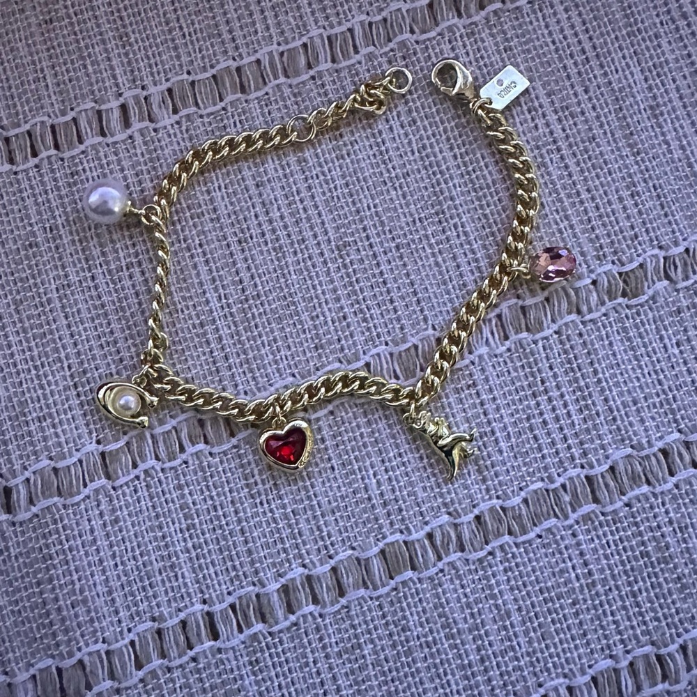 Gold Charm Bracelet with Red and Pink Accents